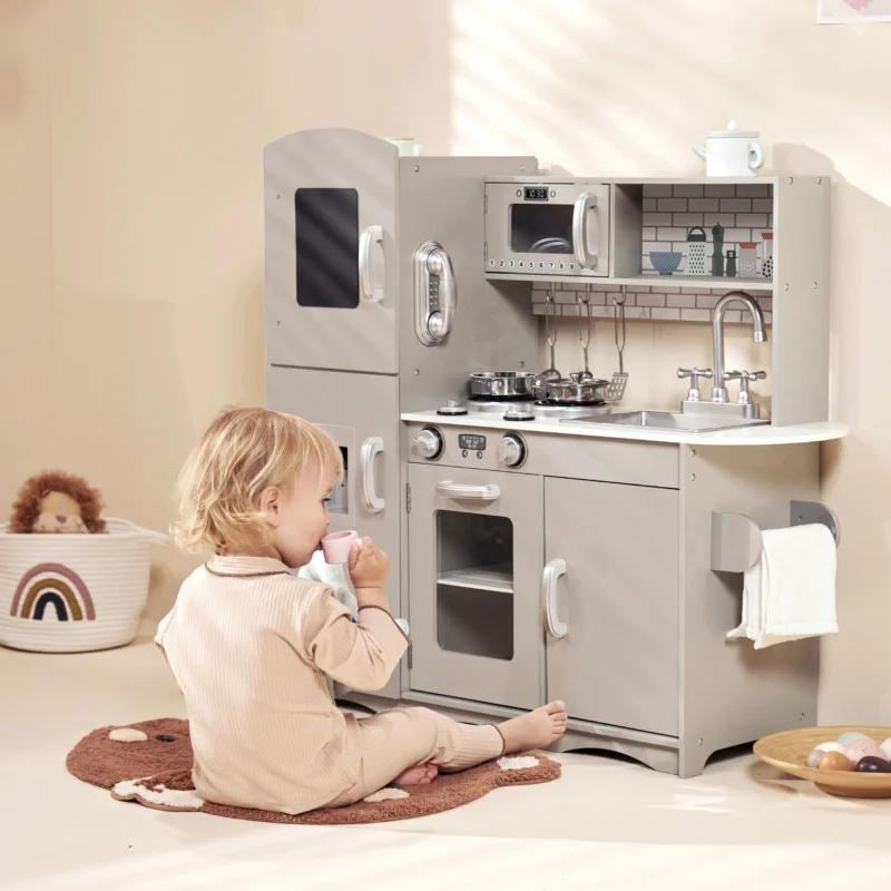 Wooden Play Kitchen with Accessories – Soft Grey - Image 2