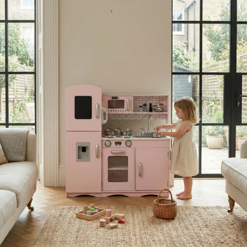 Wooden Play Kitchen with Accessories – Soft Pink - Image 2